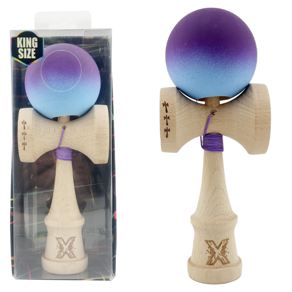 “Kendama Flippy X Original”, rulment metalic, ața 55 cm, cupe mari, 7 x 6 x 18 cm, gradient violet-albastru