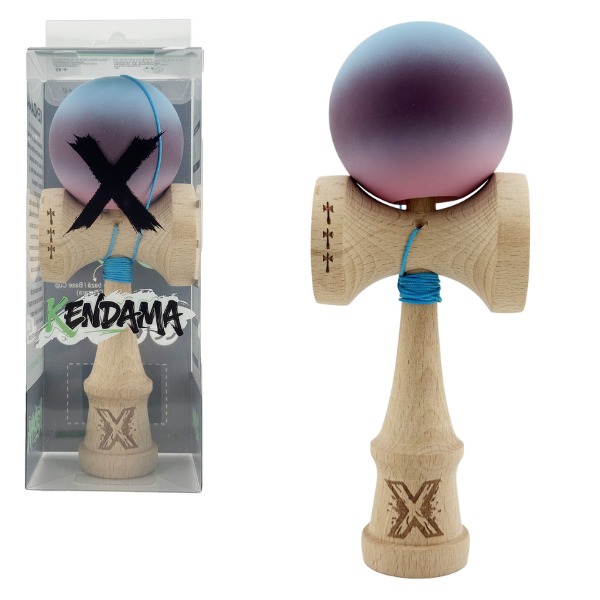“Kendama X Original”, Profesionala, Flippy, Rulment Metalic, Ața 55 cm, Cupe Mari, 7 x 6 x 18 cm, gradient albastru-mov