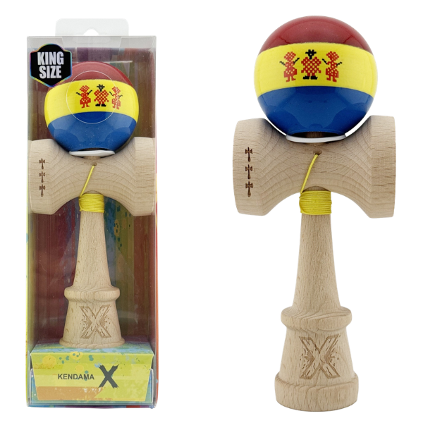 «Kendama Super Sticky X Original», profesională, rulment metalic, ața 62/65 cm, ultra aderent, King size 7.5 x 6 x 18 cm, stil romanesc