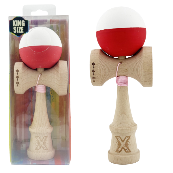 “Kendama X Original”, Profesionala, Flippy, Rulment Metalic, Ața 55 cm, Cupe Mari, 7 x 6 x 18 cm, alb-roșu