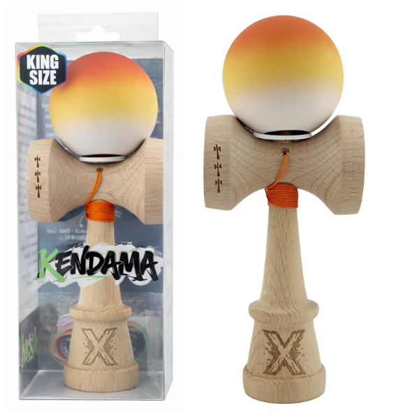 «Kendama Super Sticky X Original», rulment metalic, ața 62/65 cm, King size 7.5 x 6 x 18 cm, gradient galben-portocaliu