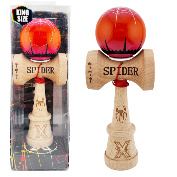 «Kendama Super Sticky X Original», rulment metalic, ața 62/65 cm, King size 7.5 x 6 x 18 cm, “Păianjen” roșie