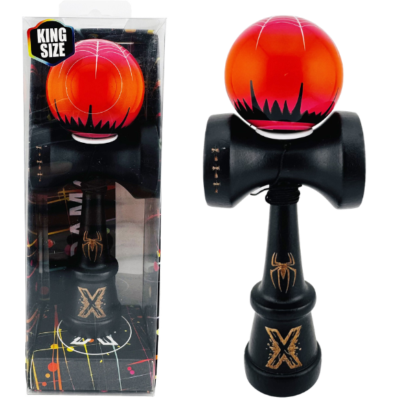 «Kendama Super Sticky X Original», rulment metalic, ața 62/65 cm, King size 7.5 x 6 x 18 cm, “Păianjen” negru-roșu