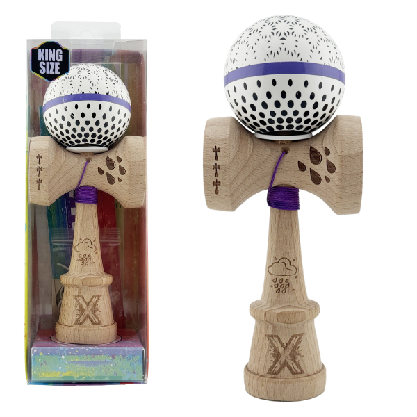 «Kendama Super Sticky X Original», rulment metalic, ața 62/65 cm, King size 7.5 x 6 x 18 cm, „Picături de ploaie”, albă