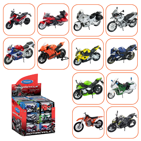 Motociclete Metalice de Colecție 1:18 WELLY, 12 modele (24B)