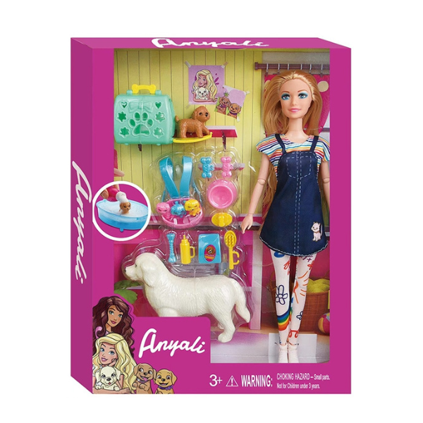 Set de joacă “Păpușă cu set pentru animale de companie”, în rochie de vară