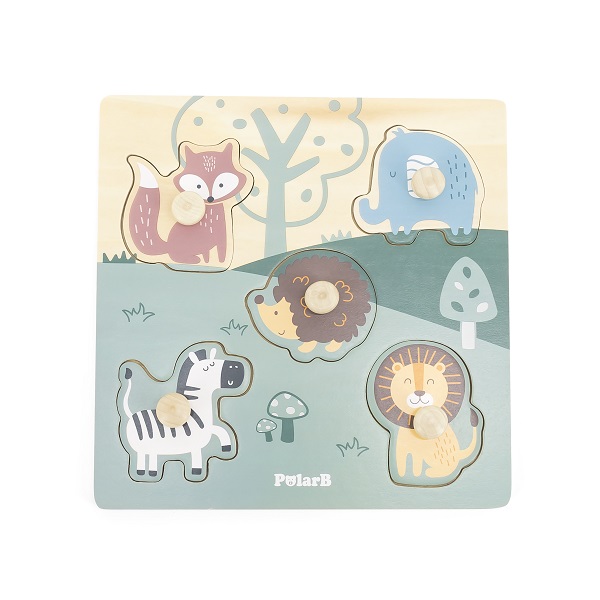 Puzzle din lemn cu buton „Animale sălbatice” 5 elem.