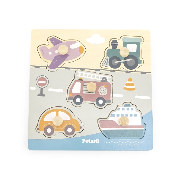 Puzzle din lemn cu buton „Mijloace de transport” 5 elem.