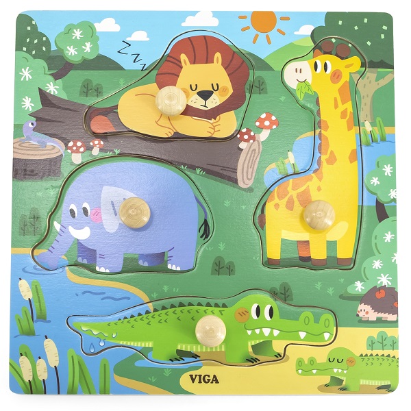 Puzzle din lemn cu buton „Animale sălbatice”