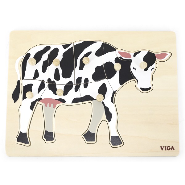 Puzzle din lemn Montessori cu buton “Vacă”