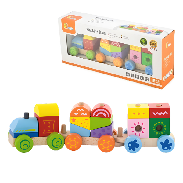 Tren-piramidă din lemn cu cuburi colorate