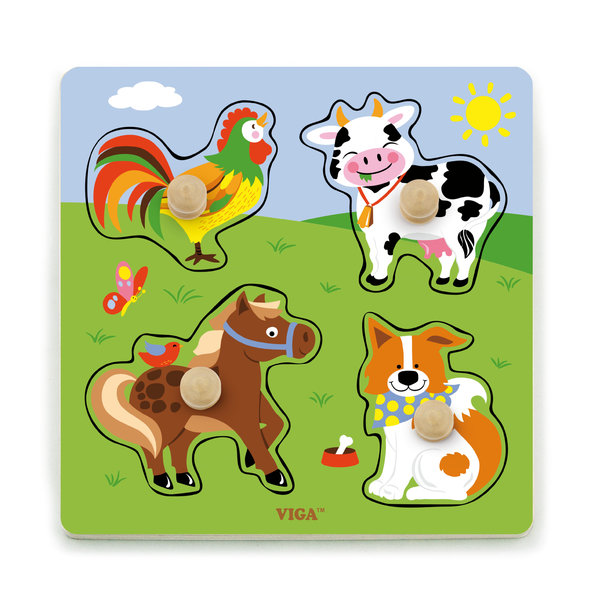 Puzzle din lemn cu buton „Animalele de la fermă”