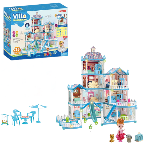 Căsuță pentru păpuși “Vila Visurilor” + accesorii, cu iluminare de noapte, 275 elem.