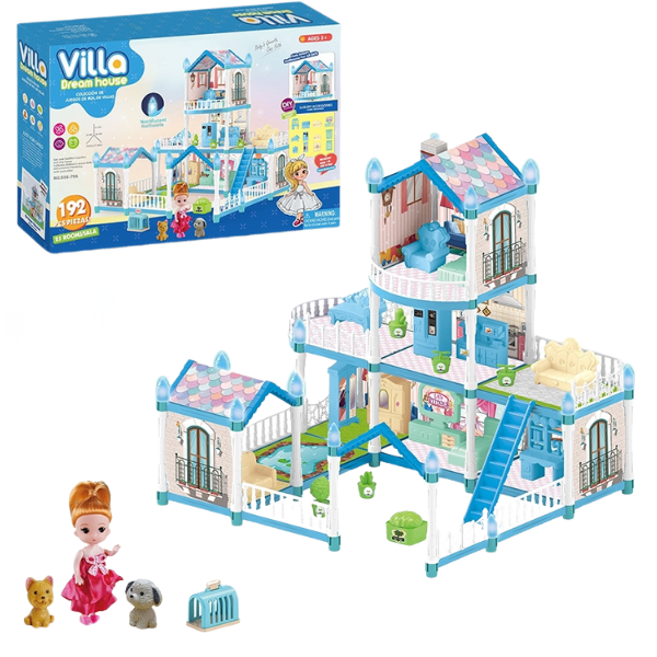 Căsuță pentru păpuși “Vila Visurilor” + accesorii, cu iluminare de noapte, 192 elem.