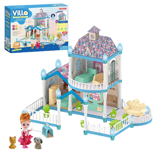 Căsuță pentru păpuși “Vila Visurilor” + accesorii, cu iluminare de noapte, 120 elem.