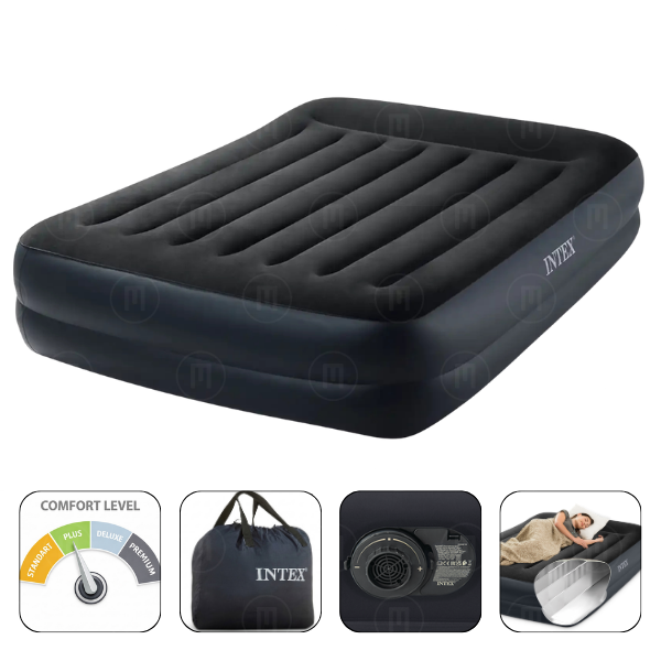 INTEX Saltea gonflabilă “Velur Pillow” 152x203x42 cm cu tetieră și pompă încorporată 220V, până la 272kg