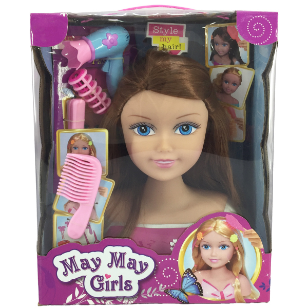 Cap de coafură  cu păr brunet, cu accesorii