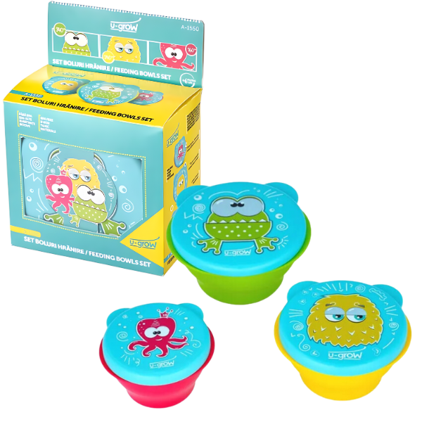 Set de 3 boluri de hrănire cu capac, 160/240/340 ml