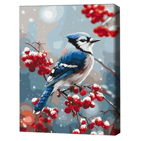Pictură pe numere 40*50  сm (fără cutie) – Pasăre pe ramura înghețată.