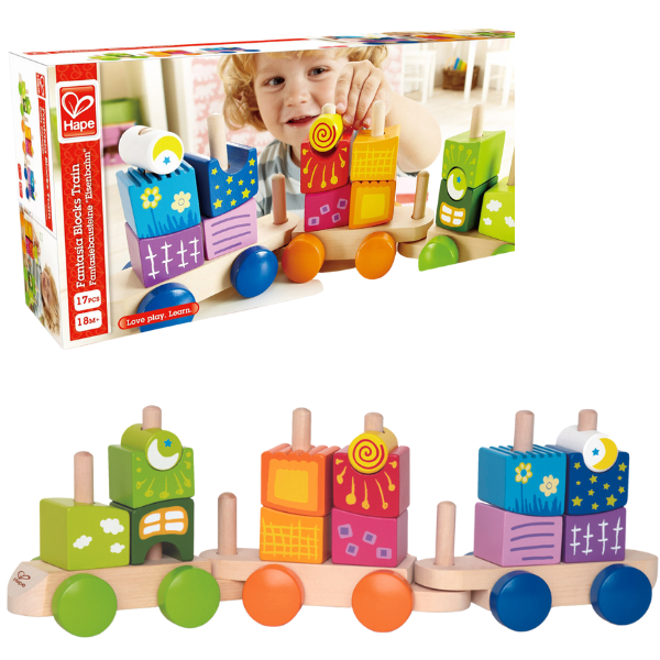 Set din lemn cu cuburi “Locomotiva multicoloră”