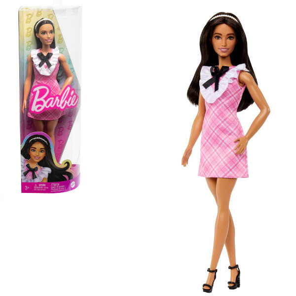 Păpușa Barbie “Fashionista cu părul negru și rochie cu carouri”