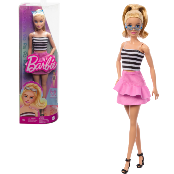 Păpușa Barbie “Fashionista în top cu dungi și fustă roz”
