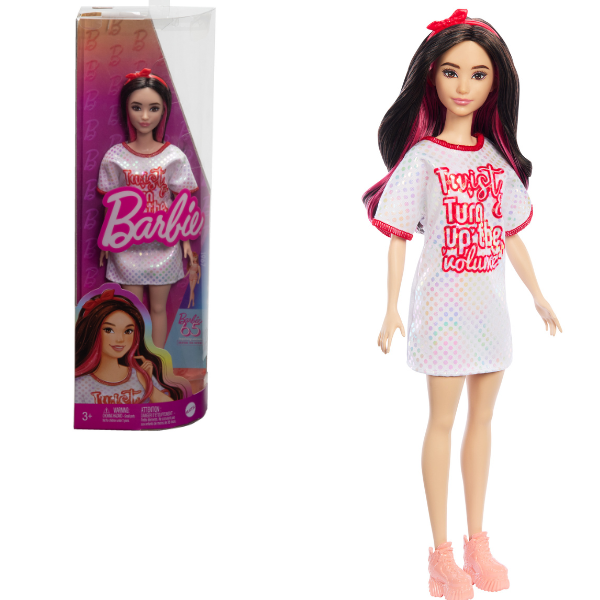 Păpușa Barbie “Fashionista cu păr negru ondulat cu rochie Twist ‘n’ Turn”