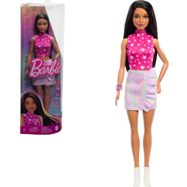 Păpușa Barbie “Fashionista cu păr negru drept și fustă iridescentă”