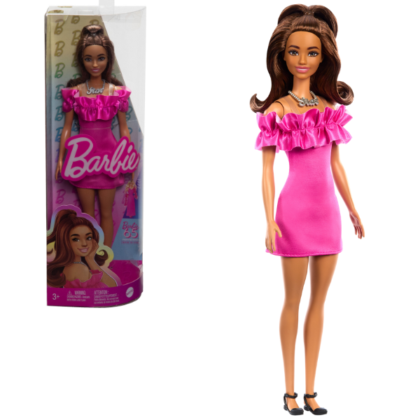 Păpușa Barbie “Fashionista cu părul ondulat șaten și o rochie roz”