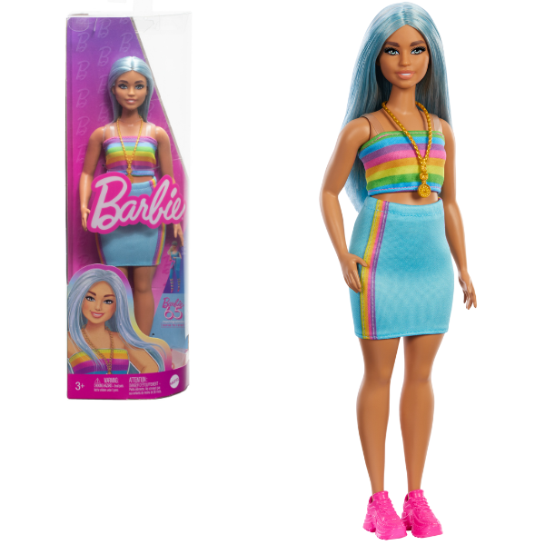 Păpușa Barbie „Fashionista cu părul albastru, bluză curcubeu și fustă de culoare verde-vișinie”