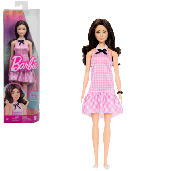 Păpușa Barbie “Fashionista în rochie roz în carouri cu volane drăguțe și un guler cu fundiță”