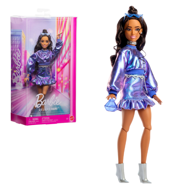 Păpușa Barbie “Fashionistă rochie violetă lucioasă”