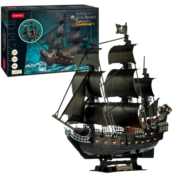 3D Puzzle Corabie de pirati„Răzbunarea Reginei Anne” cu iluminare LED, 293 elemente