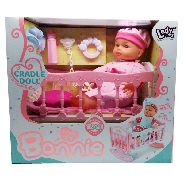 Păpușa vorbitoare Bonnie cu pătuț, 30 cm