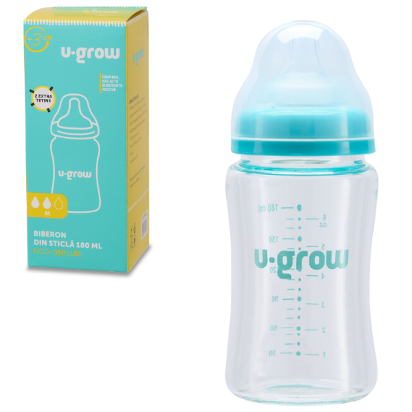 Biberon din sticlă, 180 ml, cu 2 tetine suplimentare