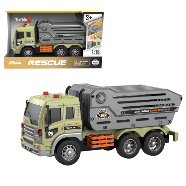 1:16 Camion pentru transortarea dinozaurilor cu fricțiune (lumini /sunete)